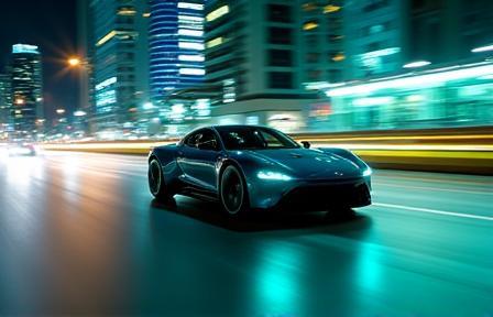 Modern electric vehicle gliding through city lights banners for contest